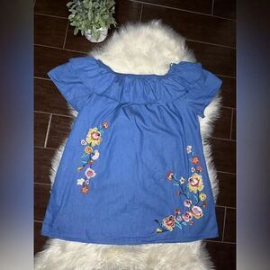 Velzera chambray floral embroidered off the shoulder tunic mini dress sz 1X